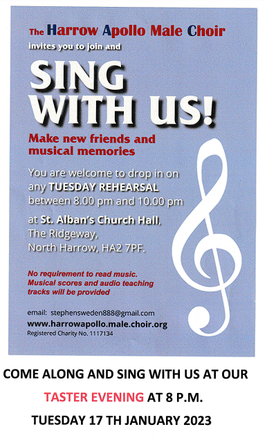 Sing with us taster evening Tuesday 17th jan or any Tuesday 8-10pm at St. Alban's Church Hall, The Ridgeway, North Harrow, HA2 7PF